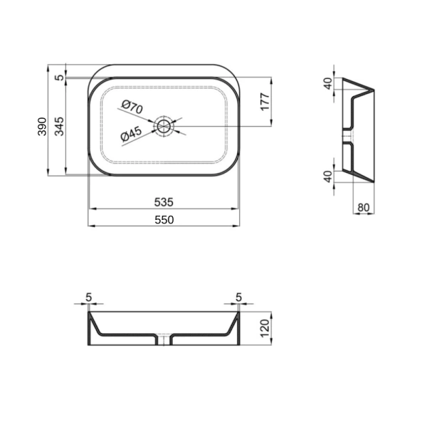 Раковина накладна прямокутна 550х390х120 мм, у чорному кольорі Qtap Scorpio