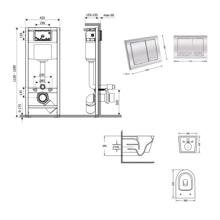 Готове рішення Qtap для ванної кімнати: підвісний унітаз Swan Ultra Quiet 520x360x320 + комплект інсталяції Nest 4 в 1 (квадратна клавіша Chrome)