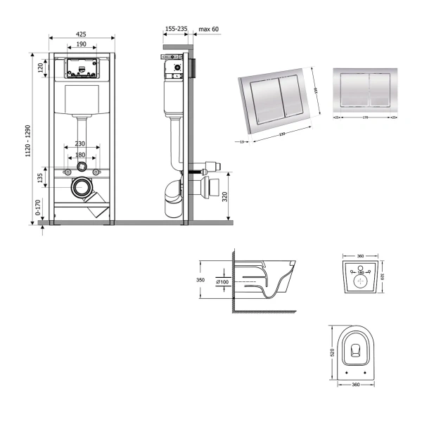 Готове рішення Qtap для ванної кімнати: підвісний унітаз Swan Ultra Quiet 520x360x320 + комплект інсталяції Nest 4 в 1 (квадратна клавіша Chrome)