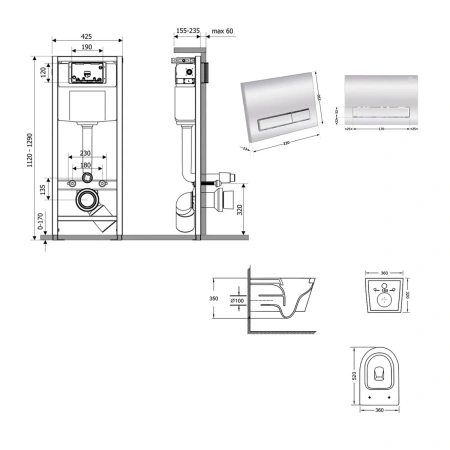 Готове рішення Qtap для ванної кімнати: підвісний унітаз Swan Ultra Quiet 520x360x320 + комплект інсталяції Nest 4 в 1 (лінійна клавіша Chrome)