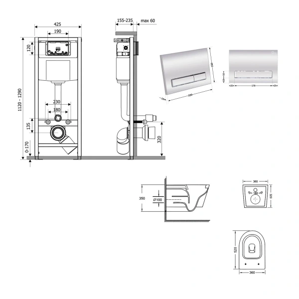 Готове рішення Qtap для ванної кімнати: підвісний унітаз Swan Ultra Quiet 520x360x320 + комплект інсталяції Nest 4 в 1 (лінійна клавіша Chrome)