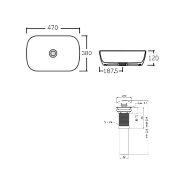 Раковина накладна прамокутна Qtap Aquarius 470x380x120 + Донний клапан