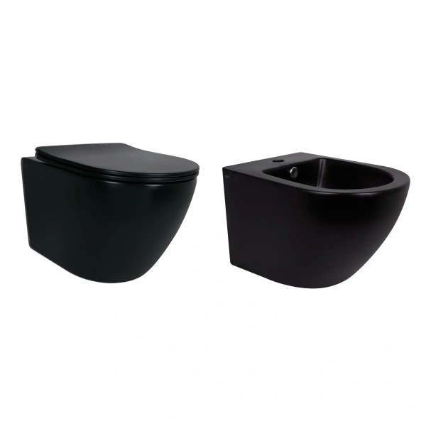 Комплект Qtap Robin Matt Black 2 в 1: унітаз підвісний Ultra Quiet QT13332381АSMB + біде підвісне