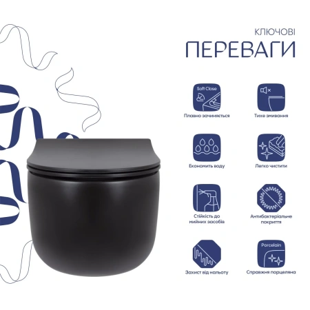 Унітаз підвісний у чорному кольорі 490х360х380 мм з сидінням з мікроліфтом Slim Duroplast Qtap Tauru