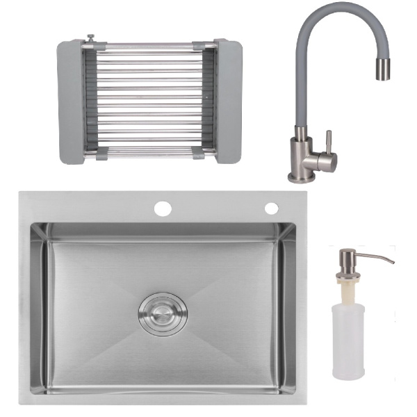 Комплект кухонна мийка Lidz 50*45 Brush 3.0/1,0 мм + змішувач з гнучким виливом Grey + кошик K01G