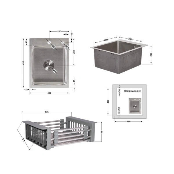 Кухонна мийка Lidz 40*50 Brush 3,0/1,0 мм + кошик