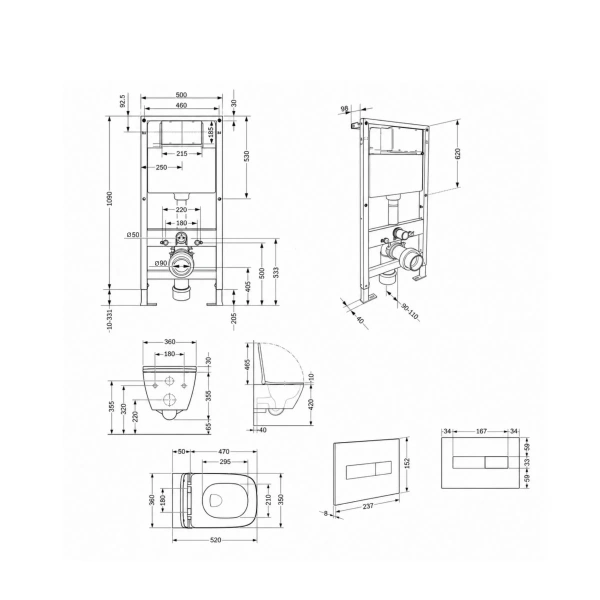 Готове рішення Qtap для ванної кімнати: підвісний унітаз Crow Rimless 520x360x290 + комплект інсталяції Standard (лінійна клавіша Black)