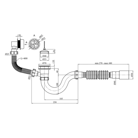 Сифон для ванни Kroner 1/2"х40/50 мм з переливом, прямоточний