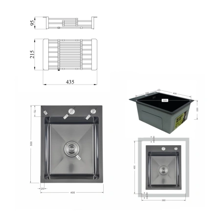 Фото Мийка для кухні з нержавіючої сталі Lidz 400x500 мм графіт Brushed Black PVD з кошиком-сушар