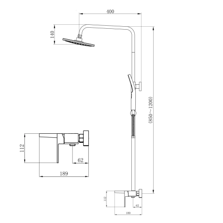 Фото Душова система на три споживача (з виливом) хром телескопічна 850-1200 мм Qtap Gemini