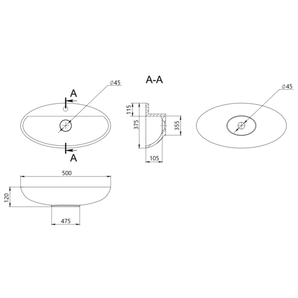Раковина накладна овальна 500x380x120 мм, Qtap Scorpio
