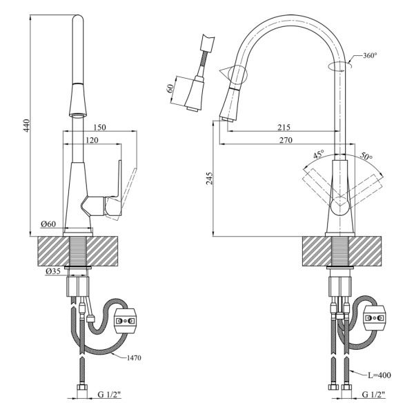 Змішувач для кухні з висувним виливом Kroner KRM - 11-013F