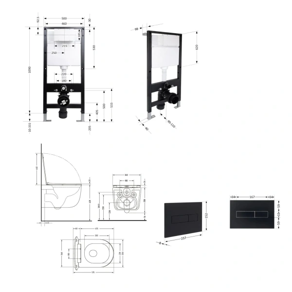 Готове рішення Qtap для ванної кімнати: підвісний унітаз Taurus Ultra Quiet 515x360x350 + комплект інсталяції Standard (лінійна клавіша Black)