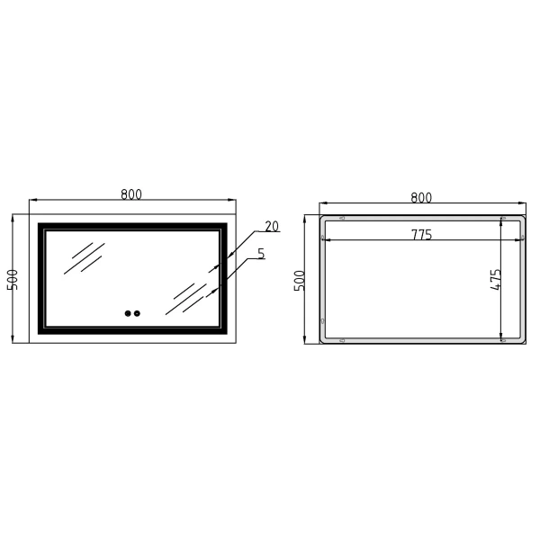 Дзеркало Qtap Cardinal (CA1) 800х500 з LED-підсвічуванням Touch, з антизапотіванням, з димером, рег. темп. кольору (3000-6500K)