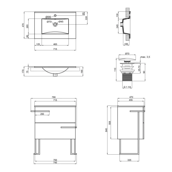 Комплект Qtap Taurus 700х800х437 Whitish oak тумба для пола + раковина врізна