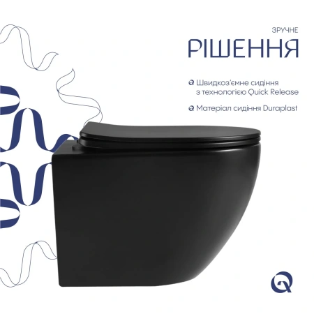 Унітаз підвісний у чорному кольорі 485х360х320 мм з сидінням з мікроліфтом Slim Duroplast Qtap Jay