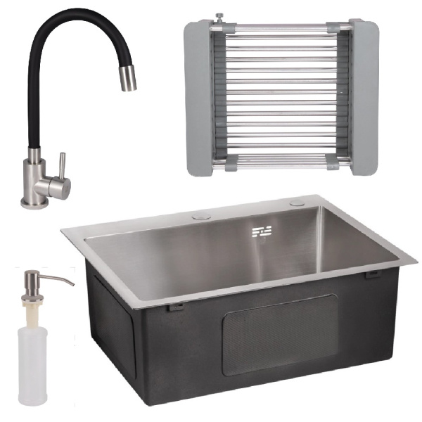 Кухонна мийка Lidz 50*45 Brush 3.0/1,0 мм + змішувач для кухні Lidz з гнучким виливом + кошик