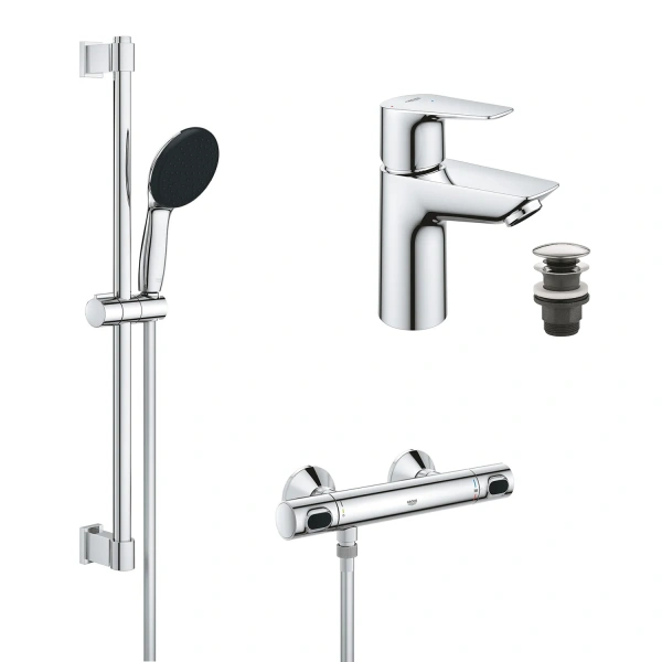 Набір змішувачів Grohe Quickfix термостат для душу з душовим гарнітуром Precision Flow THM та змішувач для раковини StartEdge S-Size