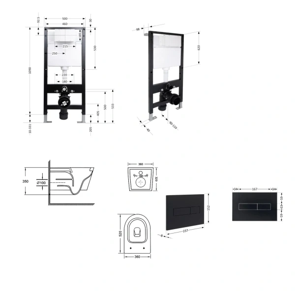 Готове рішення Qtap для ванної кімнати: підвісний унітаз Swan Ultra Quiet 520x360x320 + комплект інсталяції Standard (лінійна клавіша Black)
