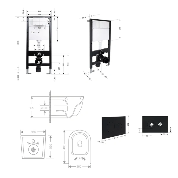 Готове рішення Qtap для ванної кімнати: підвісний унітаз Jay Rimless 485x360x320 + комплект інсталяції Standard (кругла клавіша Black)