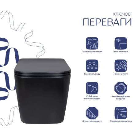 Унітаз підвісний у чорному кольорі 490x365x325 мм з сидінням з мікроліфтом Slim Duroplast Qtap Tern