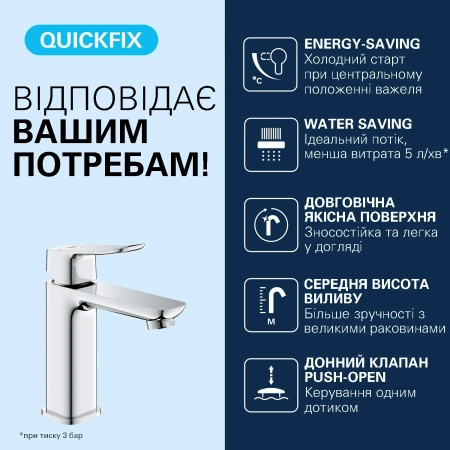 Фото Набір змішувачів 2 в 1 для ванної кімнати Grohe QuickFix Vitalio Comfort Cube зі змішувачем для раковини Dice (UA203101TM)