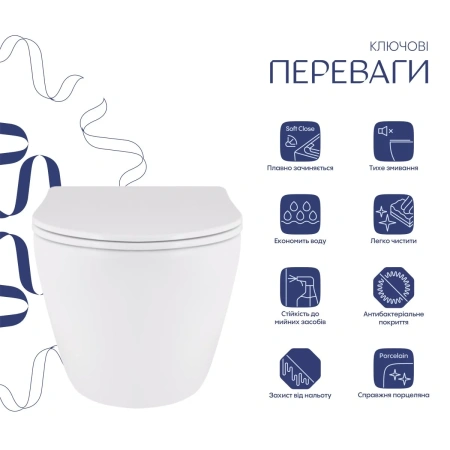 Унітаз підвісний Qtap Robin безобідковий, білий, 490x365x325 з сидінням Slim Duroplast