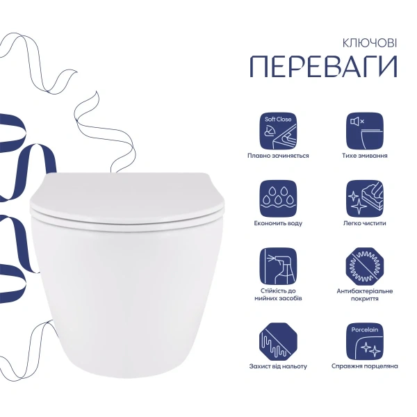 Унітаз підвісний Qtap Robin безобідковий, білий, 490x365x325 з сидінням Slim Duroplast