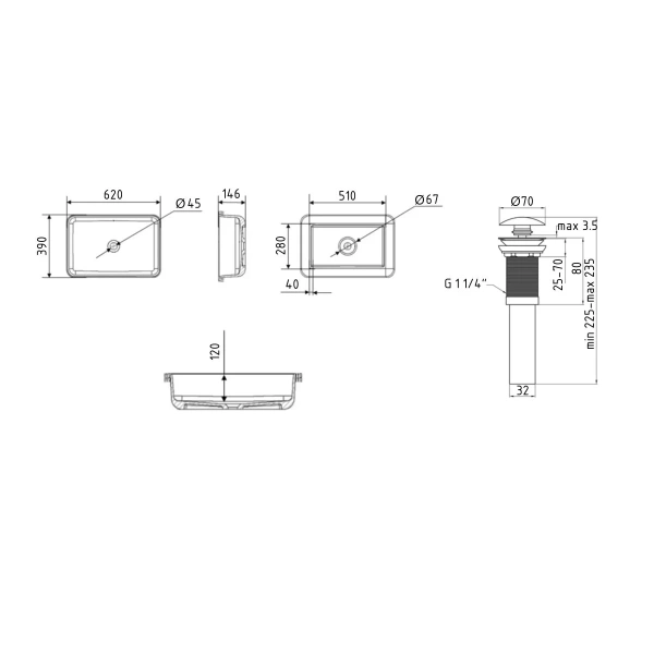 Комплект Qtap Scorpio: Раковина врізна прамокутна 615х390х150 мм White + Донний клапан PU02 QT1411K491WN47291