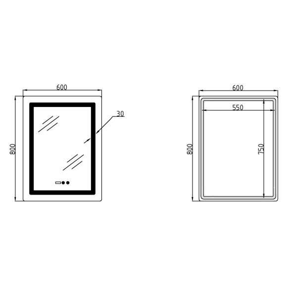 Дзеркало Lidz Kubis (KU2) 600х800 з годинником, з LED-підсвічуванням Touch, з антизапотіванням, з регулюванням яскравості