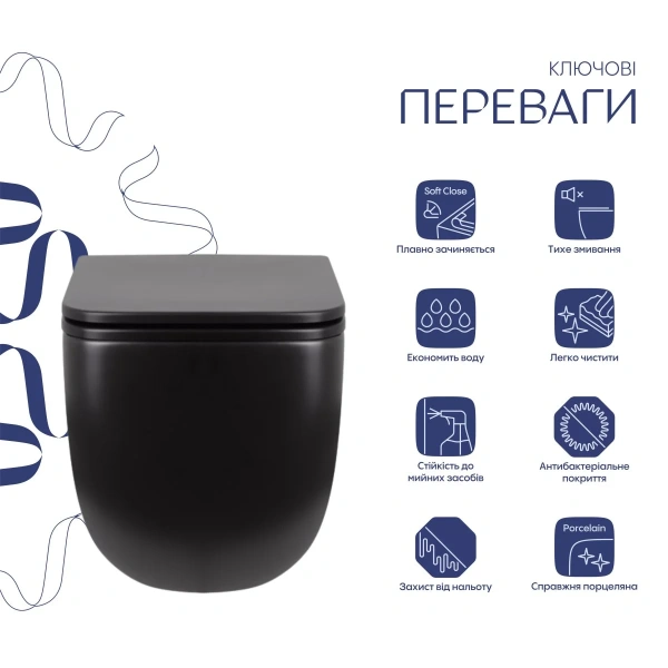 Унітаз підвісний у чорному кольорі 530х365х373 мм з сидінням з мікроліфтом Slim Duroplast Qtap Gemin