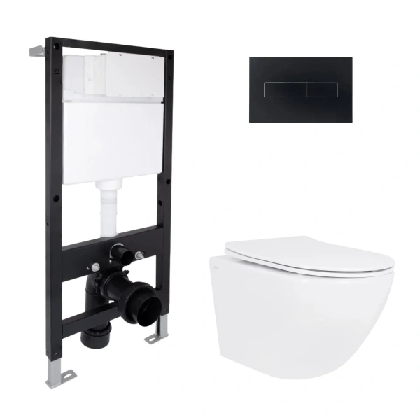 Готове рішення Qtap для ванної кімнати: підвісний унітаз Jay Rimless 485x360x320 + комплект інсталяції Standard (лінійна клавіша Black)