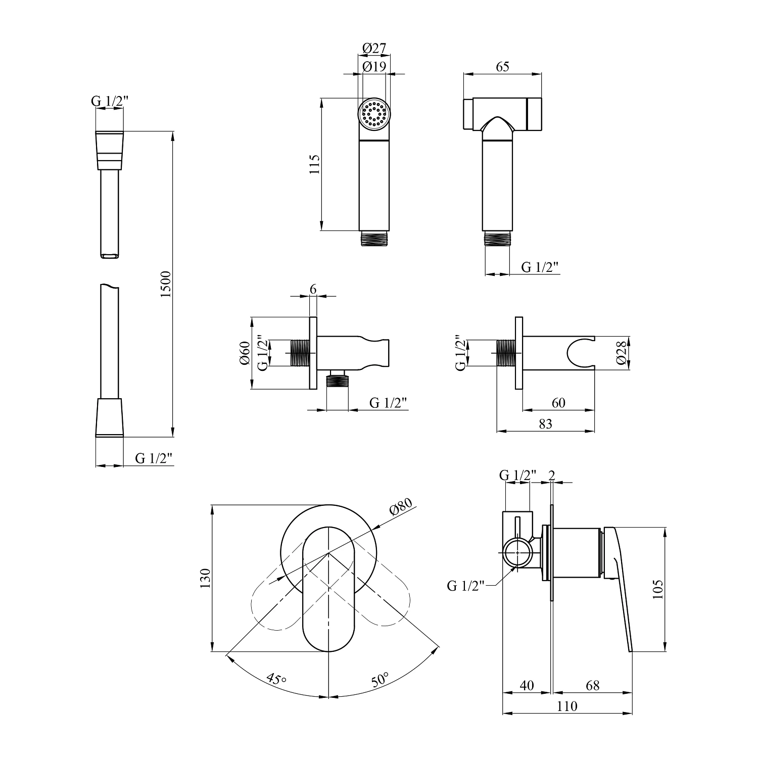Набір для гігієнічного душу зі змішувачем Kroner Element-0101