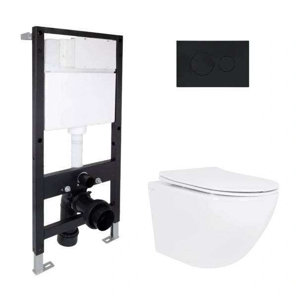 Готове рішення Qtap для ванної кімнати: підвісний унітаз Jay Rimless 485x360x320 + комплект інсталяції Standard (кругла клавіша Black)