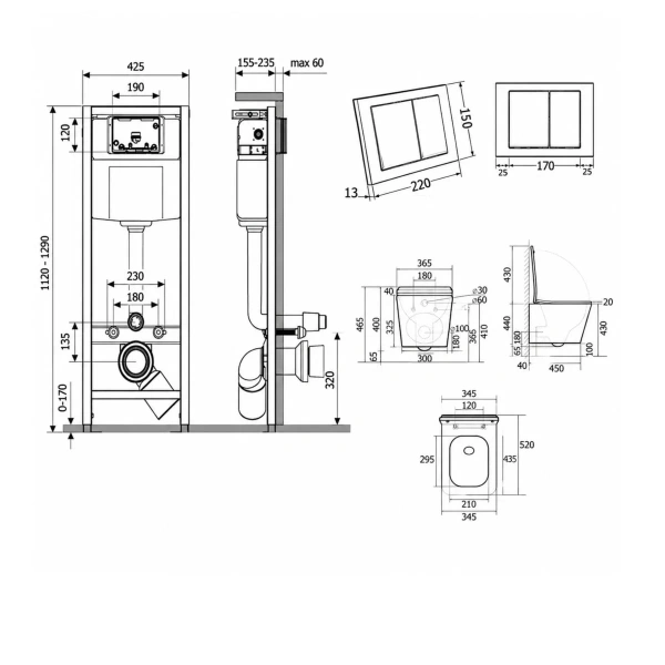Готове рішення Qtap для ванної кімнати: підвісний унітаз Tern Ultra Quiet 525x345x360 + комплект інсталяції Nest 4 в 1 (квадратна клавіша Chrome)