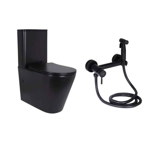 Комплект 2 в 1: підлоговий унітаз Qtap Scorpio Matt Black + набір гігієнічного душу Lidz Aria Black