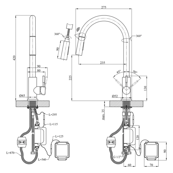 Змішувач для кухні з висувним виливом Kroner KRP Edelstahl Klassisch - PVD03916 сенсорний