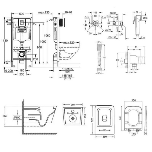 Комплект унітаз з сидінням Qtap Crow + інсталяція Grohe Rapid SL + набір для гігієнічного душу