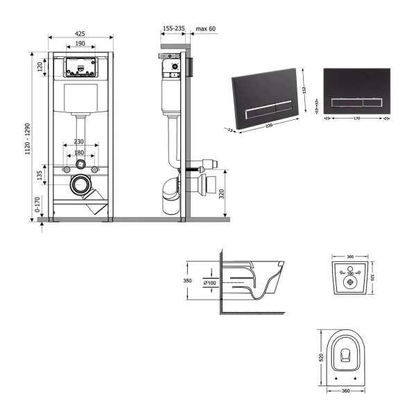 Готове рішення Qtap для ванної кімнати: підвісний унітаз Jay Ultra Quiet 520x360x320 + комплект інсталяції Nest 4 в 1 (лінійна клавіша Matt Black)