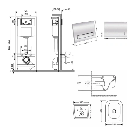 Готове рішення Qtap для ванної кімнати: підвісний унітаз Gemini Ultra Quiet 485×340×350 + комплект інсталяції Nest 4 в 1 (лінійна клавіша Chrome)