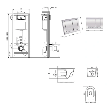 Готове рішення Qtap для ванної кімнати: підвісний унітаз Jay Ultra Quiet 520x360x320 + комплект інсталяції Nest 4 в 1 (квадратна клавіша Chrome)