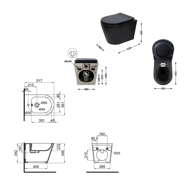 Комплект Qtap Scorpio Matt Black 2 в 1: унітаз підвісний Ultra Quiet + біде підвісне