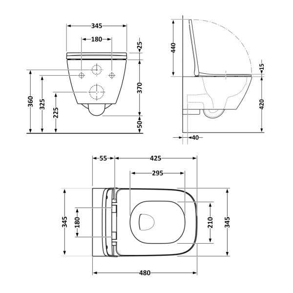 Унітаз підвісний у чорному кольорі 490x365x325 мм з сидінням з мікроліфтом Slim Duroplast Qtap Tern