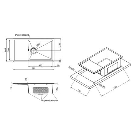 Фото Кухонна мийка Qtap D7844BL 3.0/1.2 мм