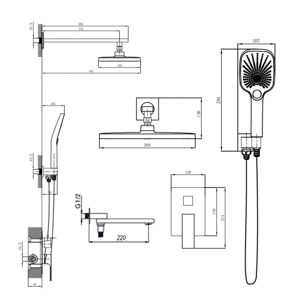 Душова система прихованого монтажу з виливом Qtap Gemini (збройна сталь)