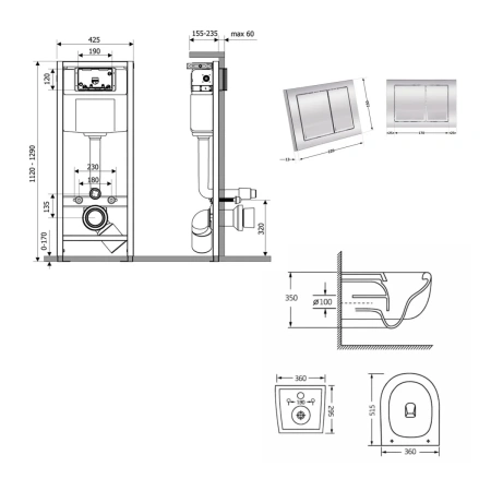Готове рішення Qtap для ванної кімнати: підвісний унітаз Taurus Ultra Quiet 515×360×350 + комплект інсталяції Nest 4 в 1 (квадратна клавіша Chrome)