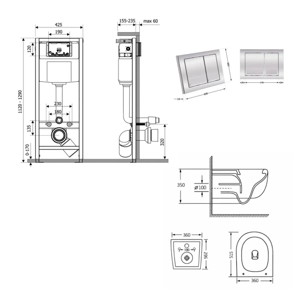 Готове рішення Qtap для ванної кімнати: підвісний унітаз Taurus Ultra Quiet 515×360×350 + комплект інсталяції Nest 4 в 1 (квадратна клавіша Chrome)