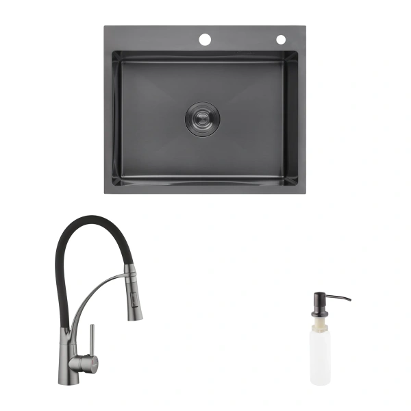 Комплект кухонна мийка Kroner Schwarze-6050HM PVD + змішувач Ersel-GRP03393BLK + дозатор Spender-026