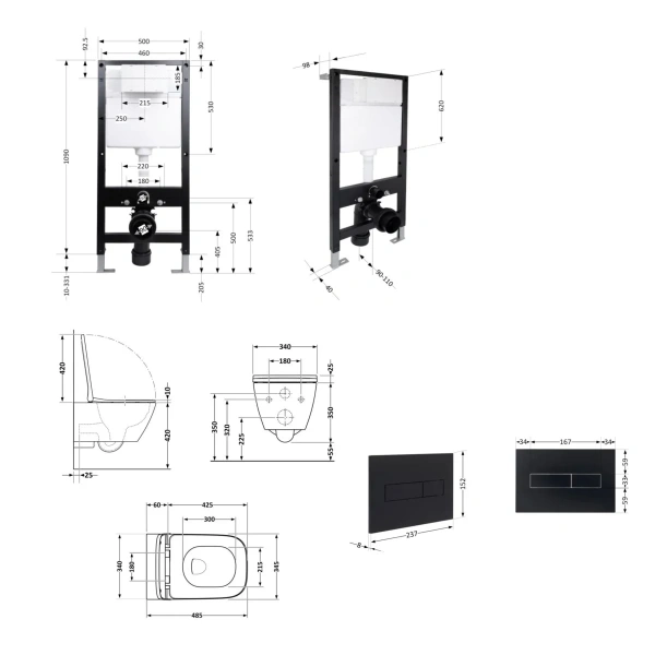 Готове рішення Qtap для ванної кімнати: підвісний унітаз Crow Ultra Quiet 485x340x290 + комплект інсталяції Standard (лінійна клавіша Black)