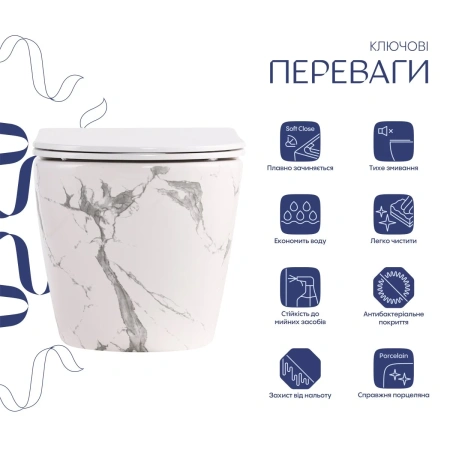 Унітаз підвісний у кольорі мармур 490x365x325 мм з сидінням Slim Duroplast Qtap Robin